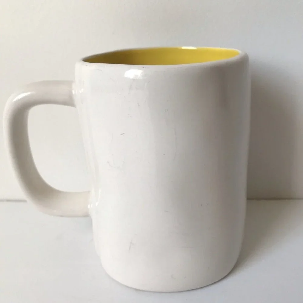 Rae Dunn Magenta white SHINE ceramic mug yellow inside w/handle coffee tea 16 oz